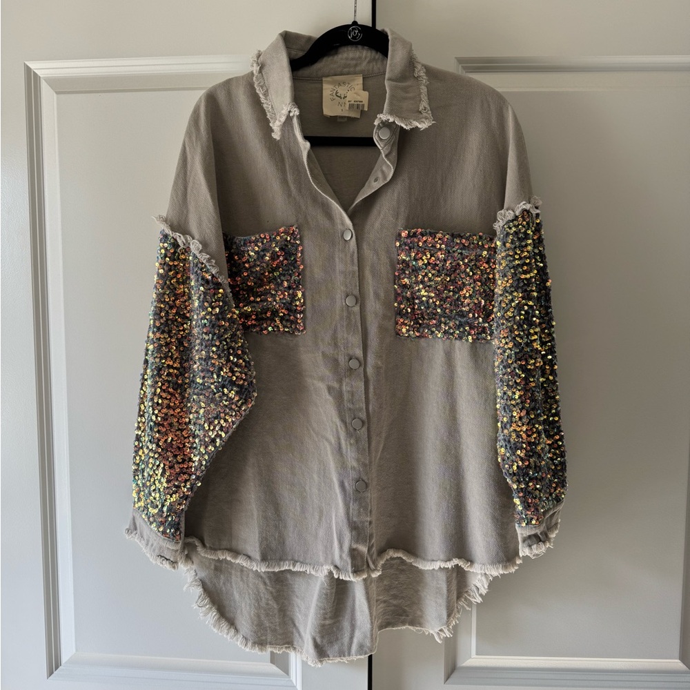 Gray Sequin Button-Up Shirt